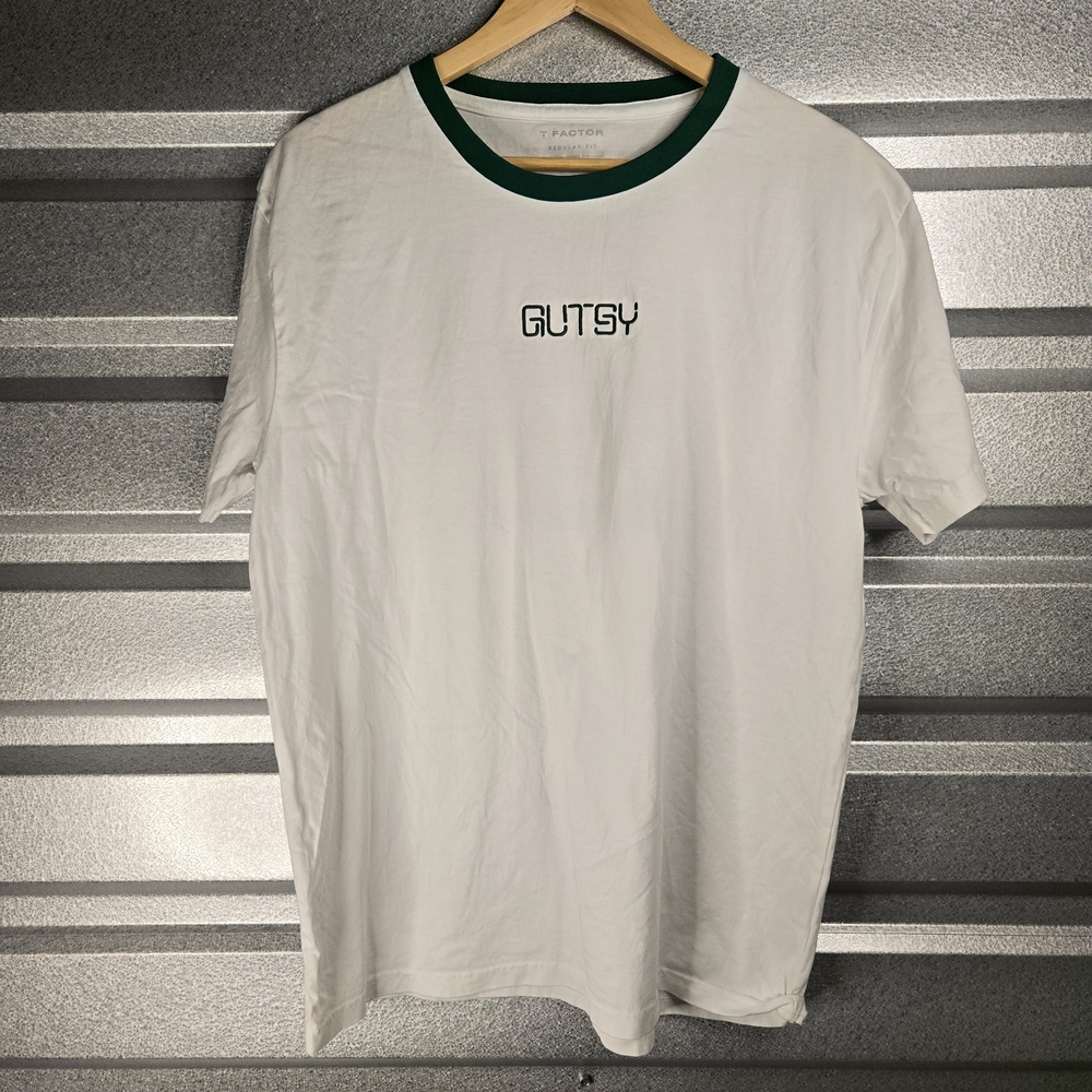 T Factor Graphic Tee – “GUTSY” White/Green – L